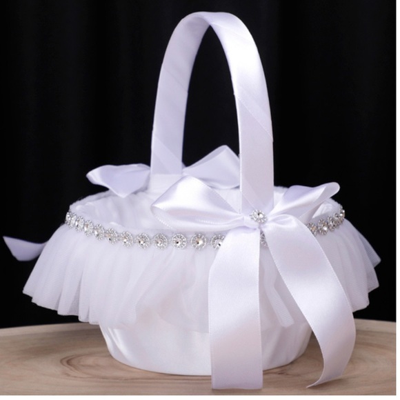 None Other - White Flower Girl Basket with Silver Details. NWT
